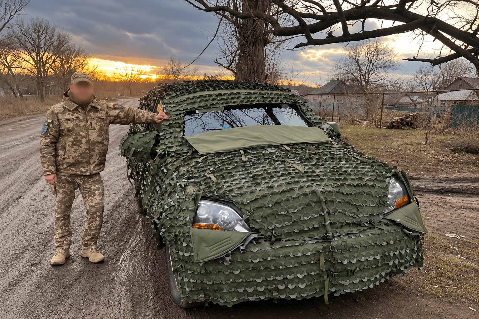 Військовий біля замаскованого Kia Sorento