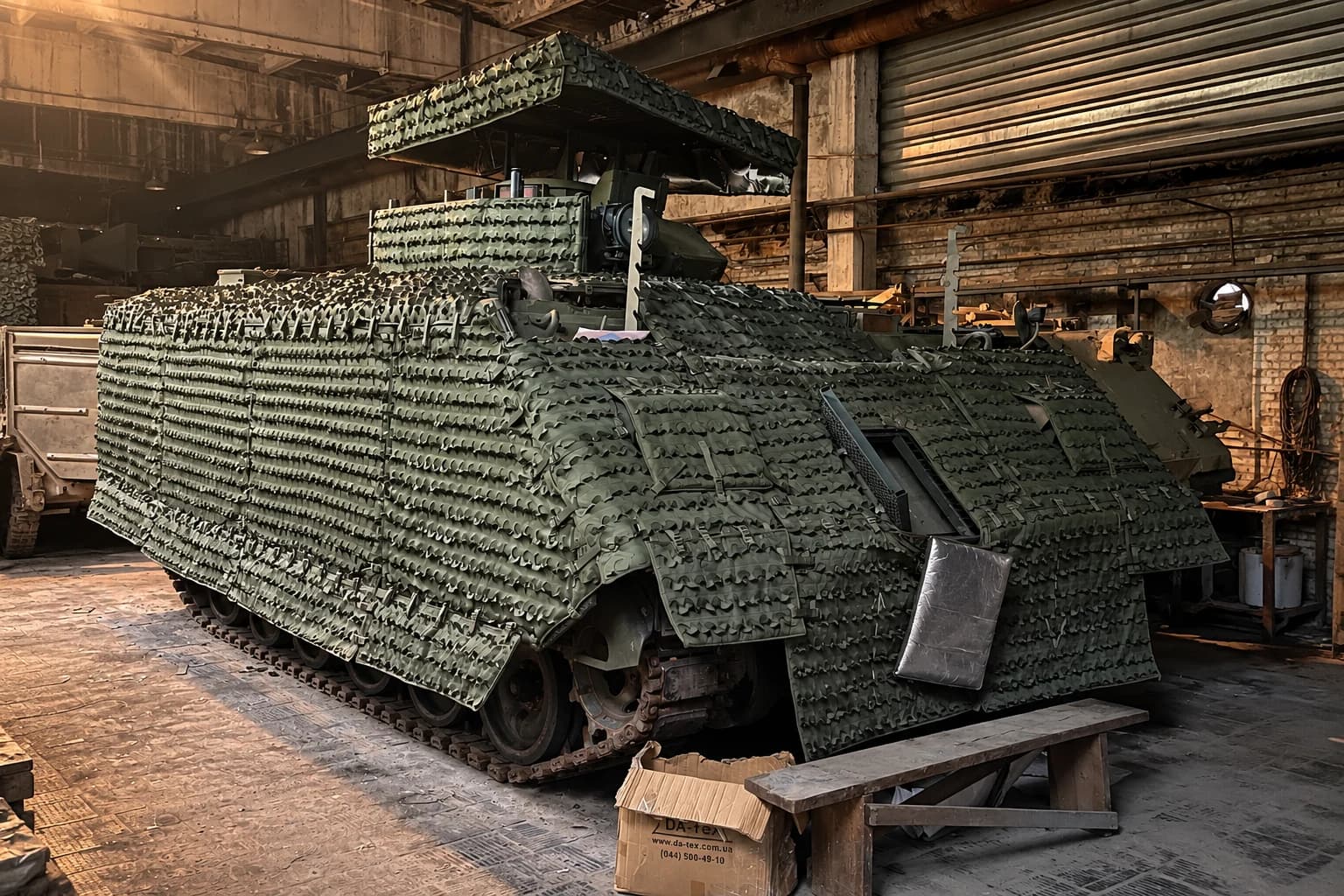Бронетранспортер M113 у маскувальному покритті в ремонтному цеху