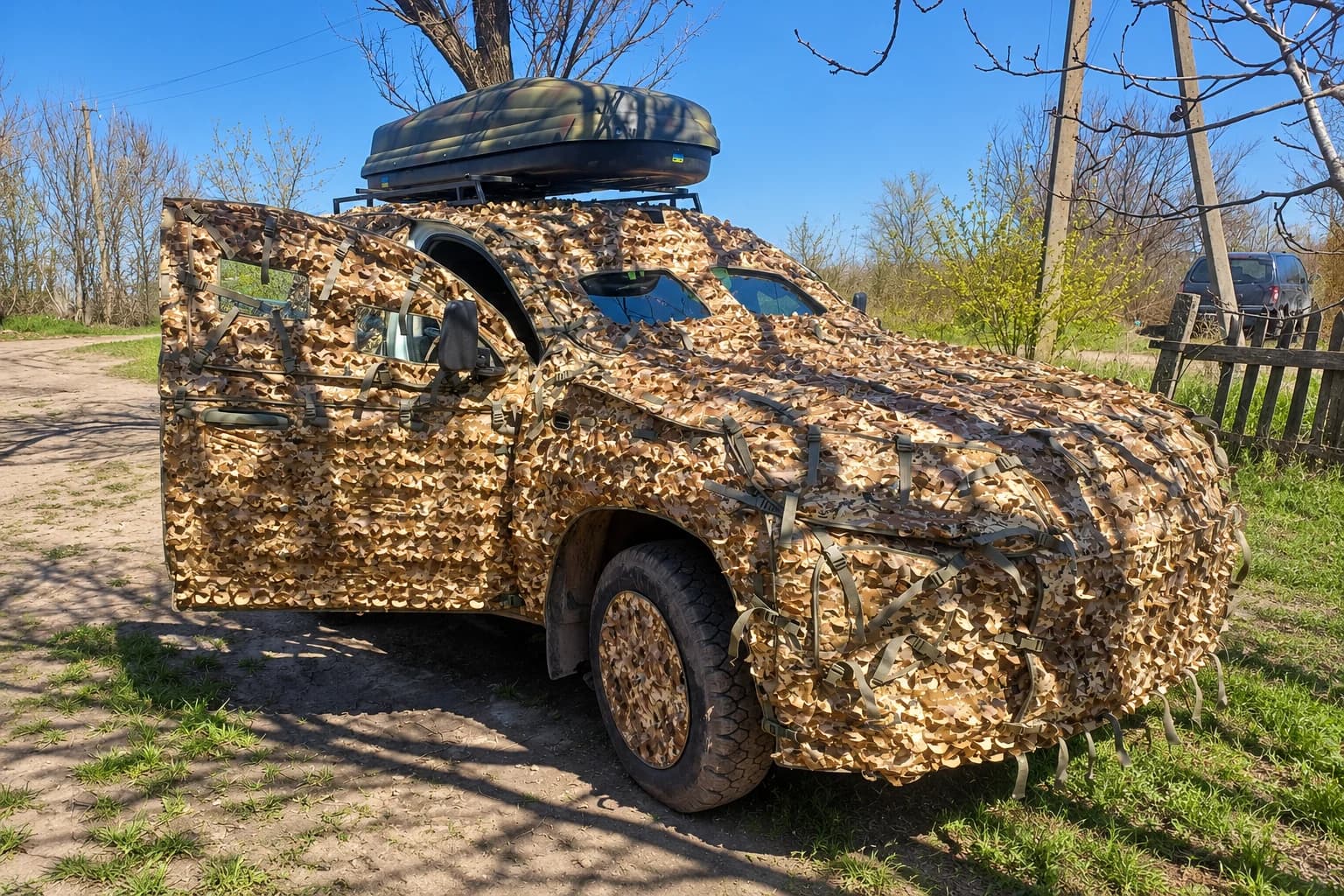 Позашляховик у маскувальному покритті на заміській дорозі