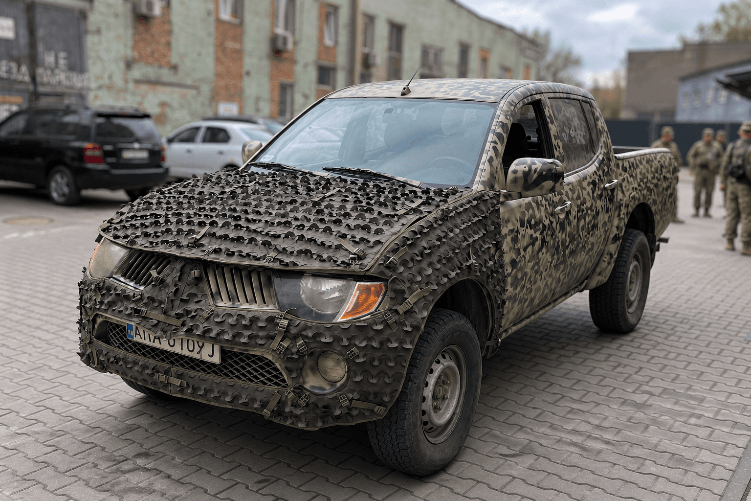 Mitsubishi L200 із камуфляжним покриттям у промисловому дворі